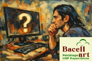 homem em dúvida diante do computador sobre como escolher um psicólogo de confiança