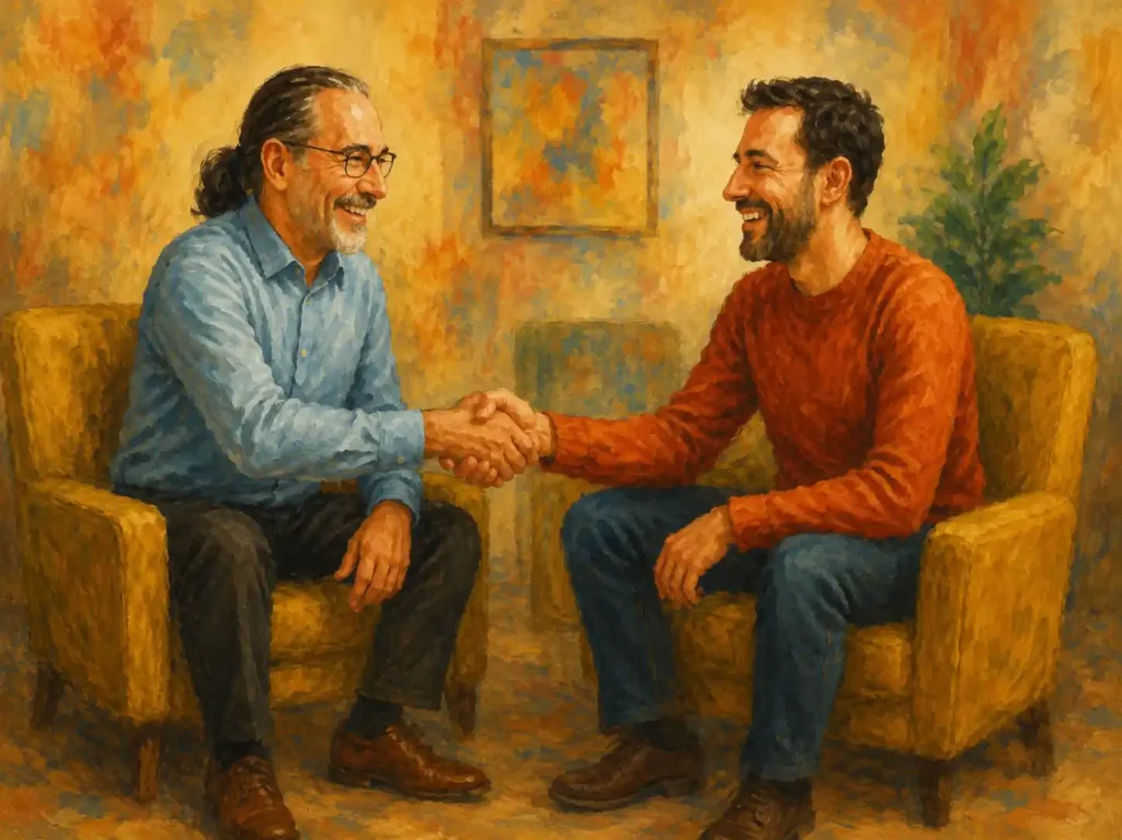 Imagem do Psicólogo apertando a mão do paciente, em acordo financeiro. faz recibo ou nota das consultas para reembolso do plano médico e para I.R. Importo de Renda