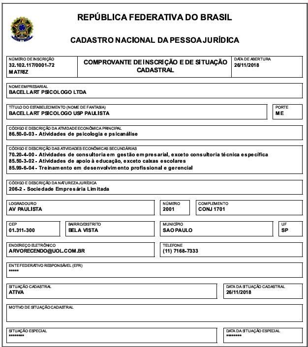 CNPJ 32.102.117/0001-72 Empresa Bacellart Psicólogo USP Paulista